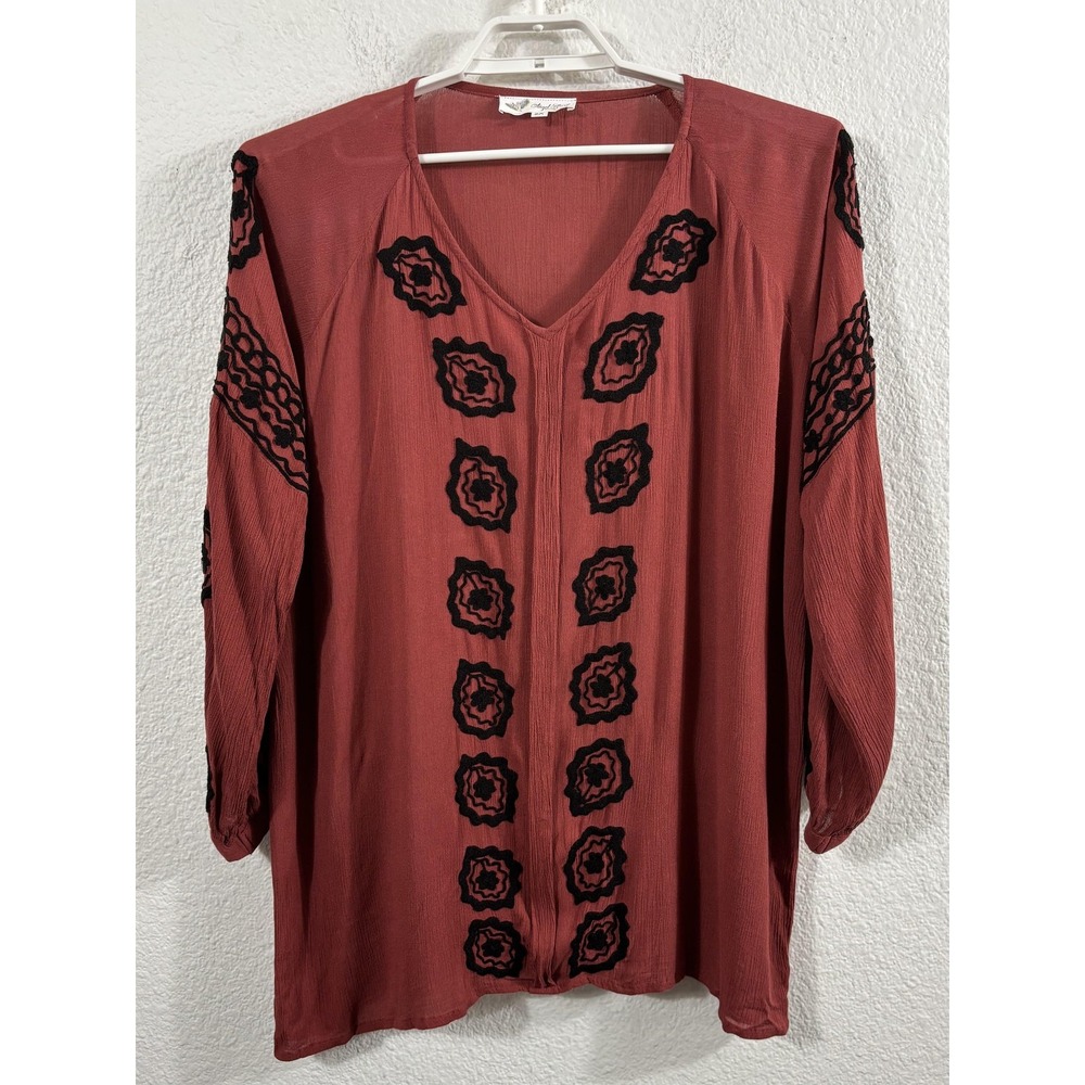 Angel‎ Heart Boutique Tunic Blouse Womens 2X Red Embroidered Floral Boho Top